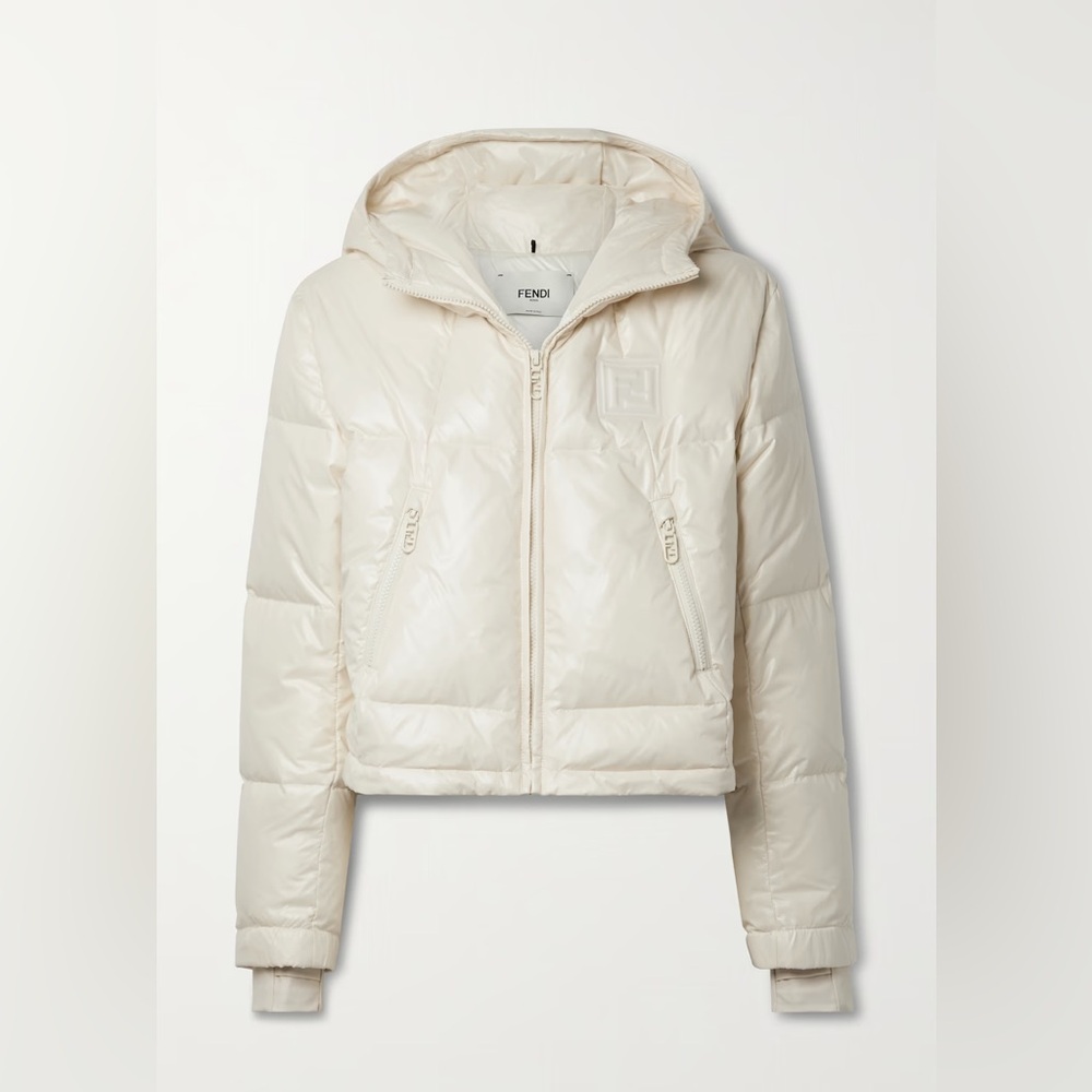 FENDI Leather-trimmed hooded quilted down jacket ecru Large